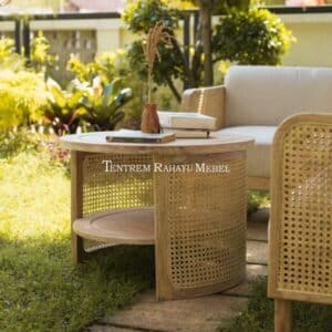 Woven round coffe table wooden mixed rattan aesthetic (6)